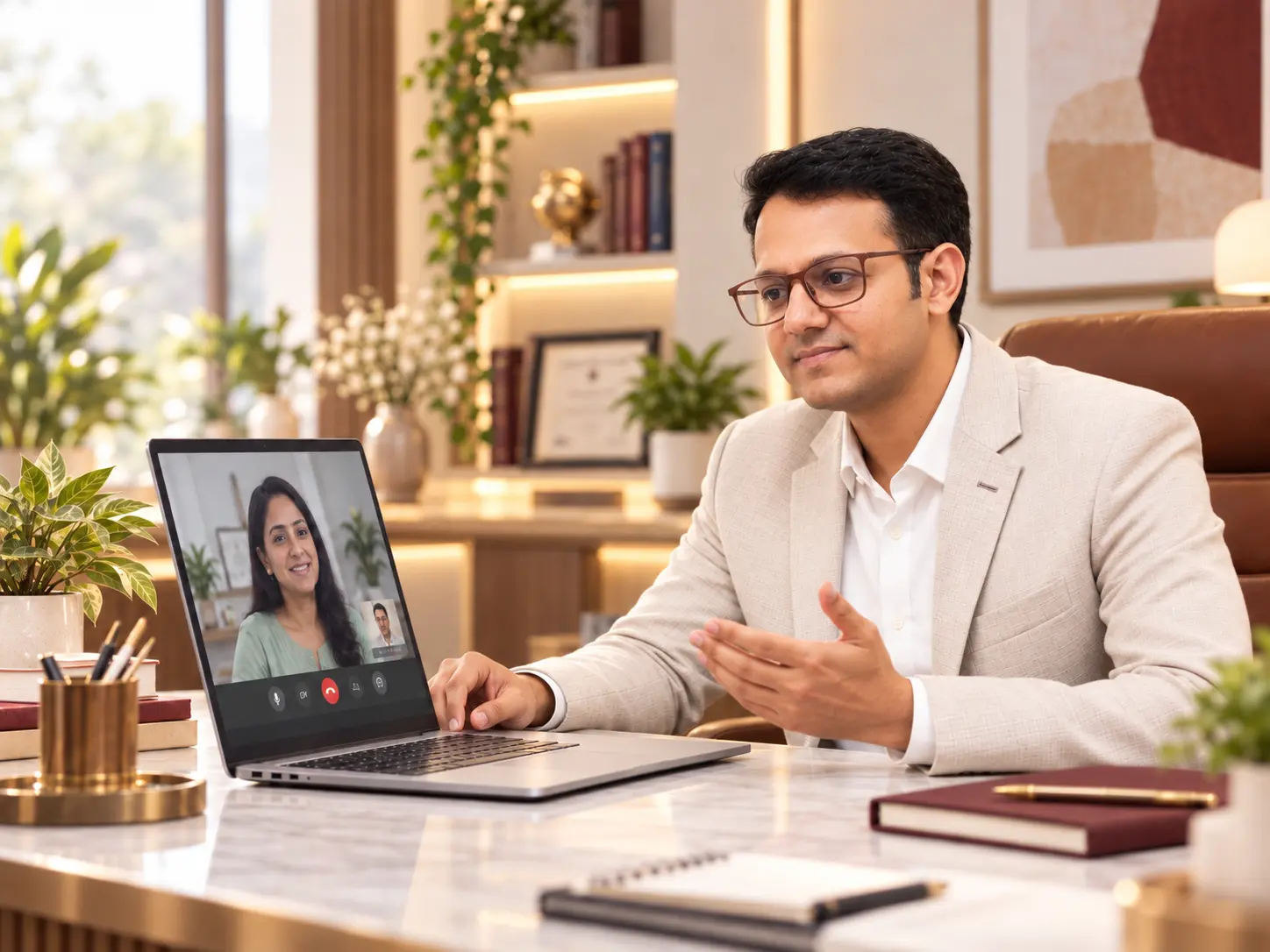 Dr Manish Singh Tomar consulting a patient online in a warm professional office